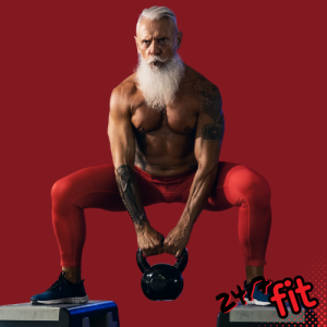 Älterer, muskulöser Mann mit weißem Bart und weißen Haaren, oberkörperfrei, in roten Leggings. Er steht auf zwei Erhöhungen, hält eine Hantel in der Hand und macht Squats vor einem roten Hintergrund. In der Ecke des Bildes steht klein ‚24/7 fit‘. TWENTY FOUR SEVEN fit in Beuna, Merseburg.