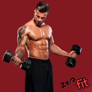 Oberkörperfreier, gut trainierter Mann mit Sixpack und Tattoos am Arm, der zwei Hanteln hält. Er hat dunkle, braune Haare und steht vor einem roten Hintergrund. In der Ecke des Bildes steht klein ‚24/7 fit‘. TWENTY FOUR SEVEN fit in Beuna, Merseburg.